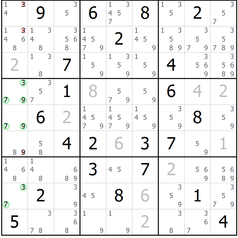 Position des candidats pour la solution de la Gr 88 page 91 du magazine de sudoku Giga sudoku niv 6-8 n° 016