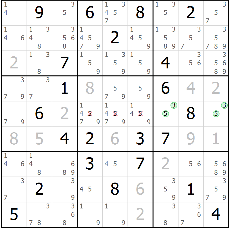 Position des candidats pour la solution de la Gr 88 page 91 du magazine de sudoku Giga sudoku niv 6-8 n° 016