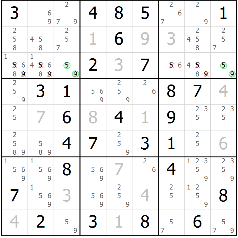 Position des candidats pour la solution de la Gr 9 page 12 du magazine de sudoku Giga sudoku niv 6-8 n° 016