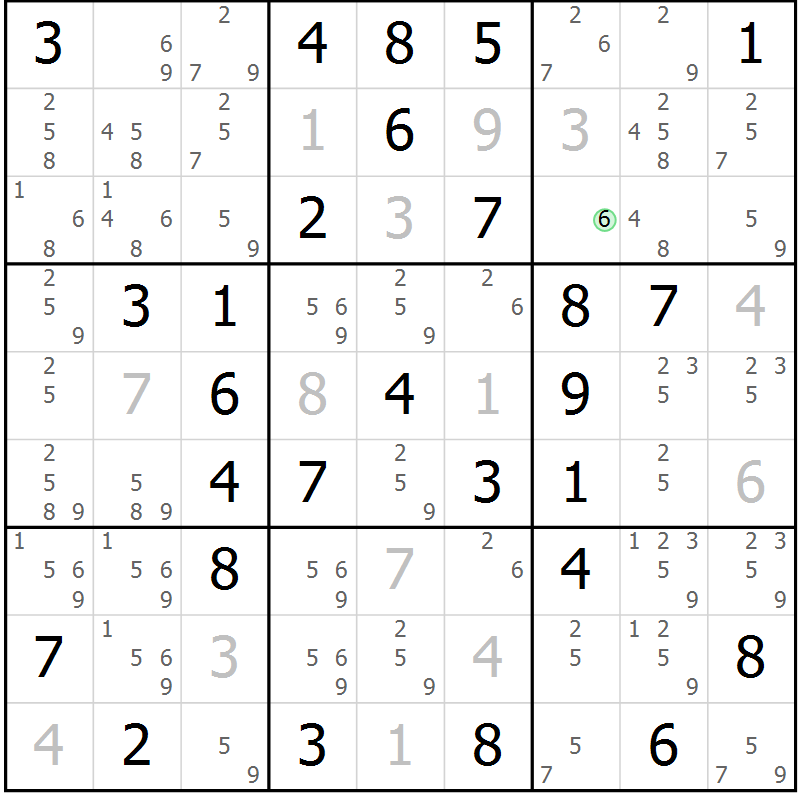Position des candidats pour la solution de la Gr 9 page 12 du magazine de sudoku Giga sudoku niv 6-8 n° 016