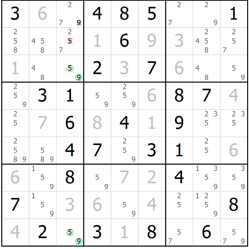 Position des candidats pour la solution de la Gr 9 page 12 du magazine de sudoku Giga sudoku niv 6-8 n° 016