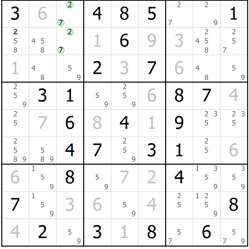 Position des candidats pour la solution de la Gr 9 page 12 du magazine de sudoku Giga sudoku niv 6-8 n° 016