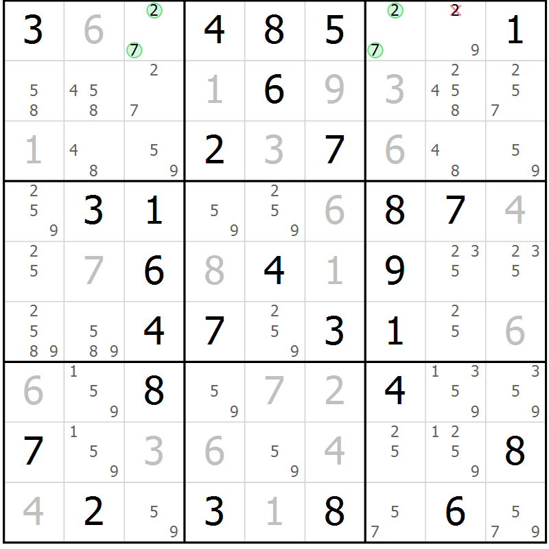 Position des candidats pour la solution de la Gr 9 page 12 du magazine de sudoku Giga sudoku niv 6-8 n° 016
