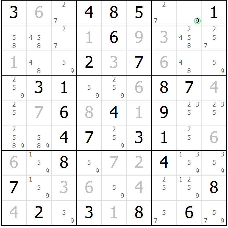 Position des candidats pour la solution de la Gr 9 page 12 du magazine de sudoku Giga sudoku niv 6-8 n° 016