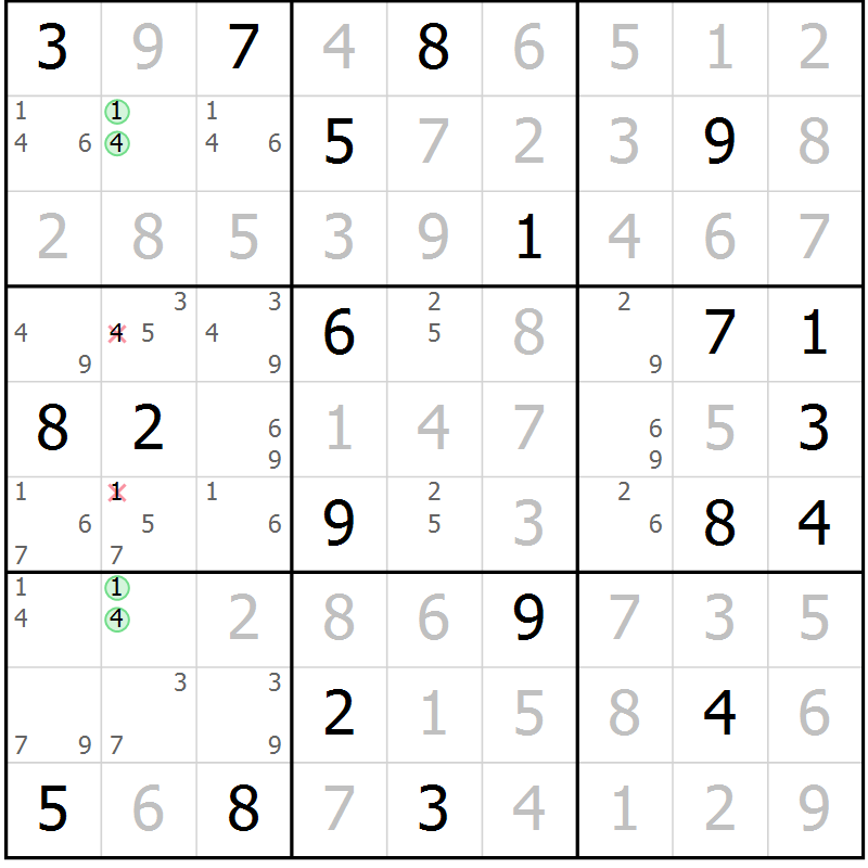 Position des candidats pour la solution de la Gr 91 page 94 du magazine de sudoku Giga sudoku niv 6-8 n° 016
