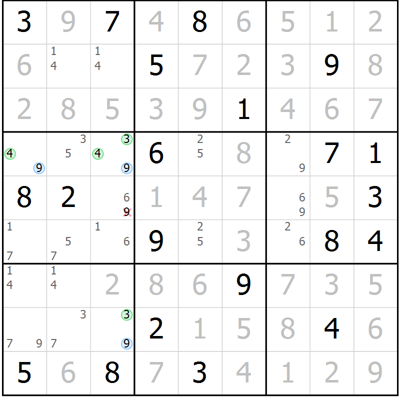Position des candidats pour la solution de la Gr 91 page 94 du magazine de sudoku Giga sudoku niv 6-8 n° 016