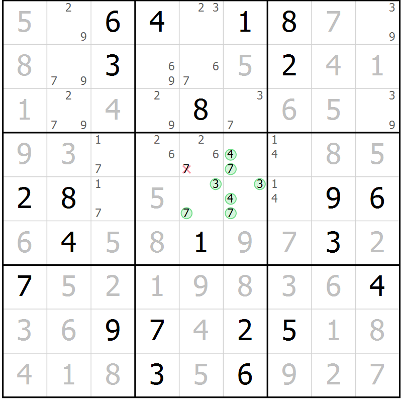 Position des candidats pour la solution de la Gr 92 page 95 du magazine de sudoku Giga sudoku niv 6-8 n° 016
