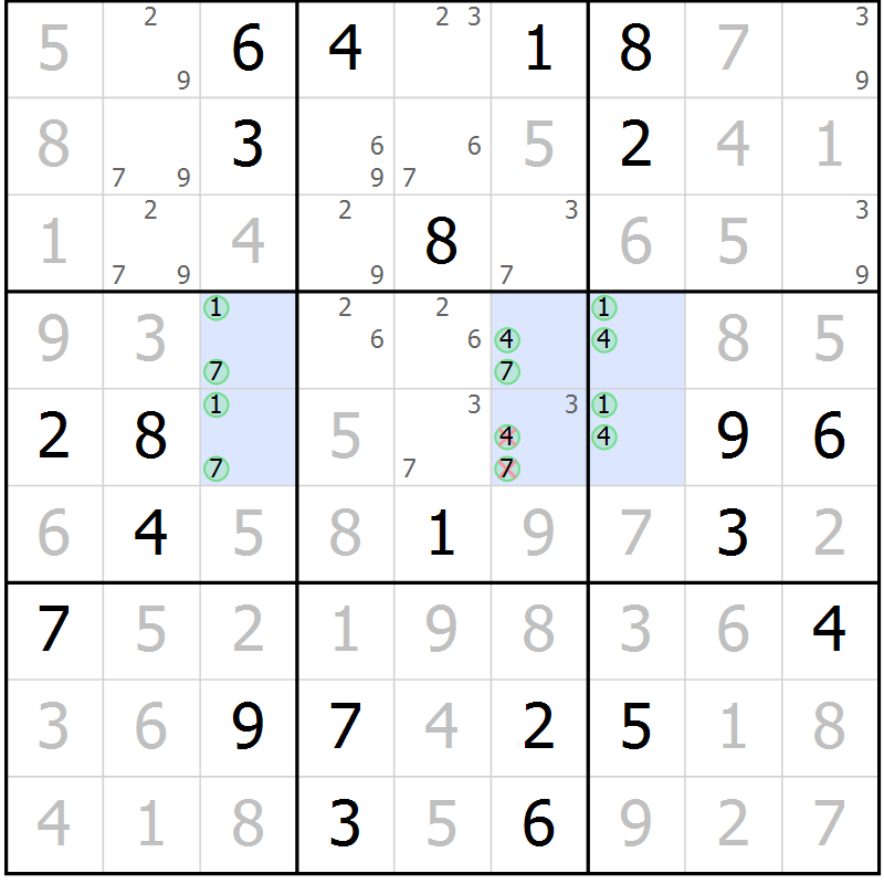 Position des candidats pour la solution de la Gr 92 page 95 du magazine de sudoku Giga sudoku niv 6-8 n° 016