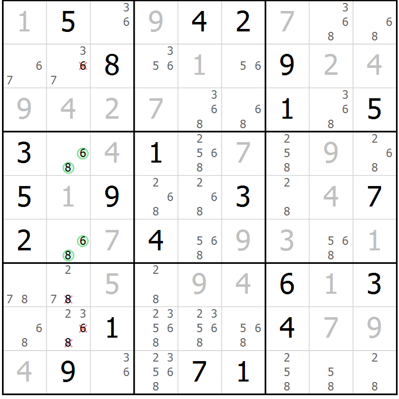 Position des candidats pour la solution de la Gr 94 page 97 du magazine de sudoku Giga sudoku niv 6-8 n° 016