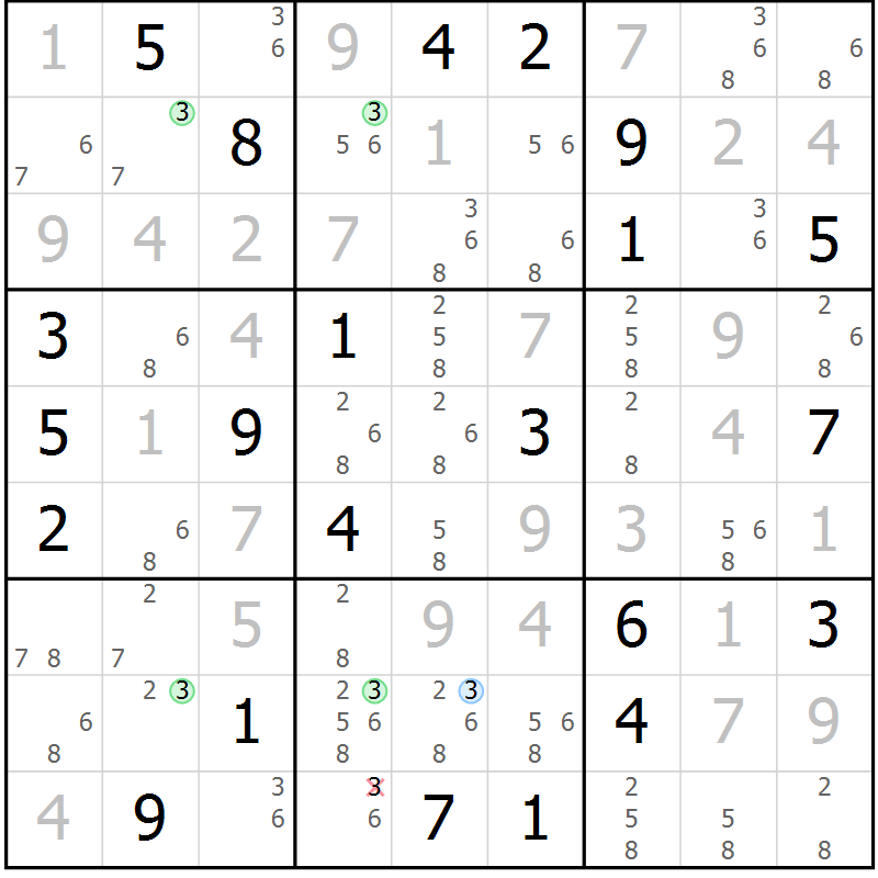 Position des candidats pour la solution de la Gr 94 page 97 du magazine de sudoku Giga sudoku niv 6-8 n° 016