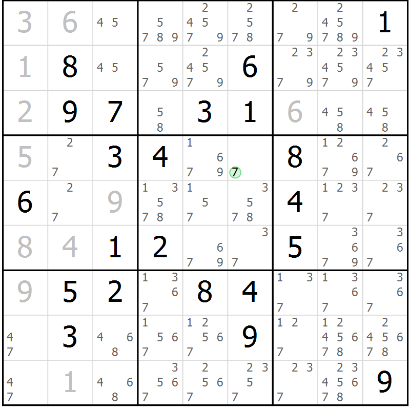 Position des candidats pour la solution de la Gr 95 page 98 du magazine de sudoku Giga sudoku niv 6-8 n° 016