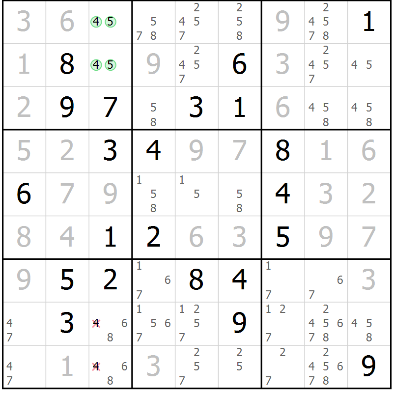 Position des candidats pour la solution de la Gr 95 page 98 du magazine de sudoku Giga sudoku niv 6-8 n° 016