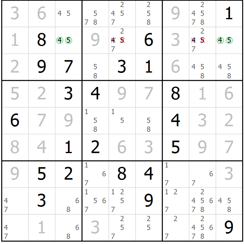 Position des candidats pour la solution de la Gr 95 page 98 du magazine de sudoku Giga sudoku niv 6-8 n° 016