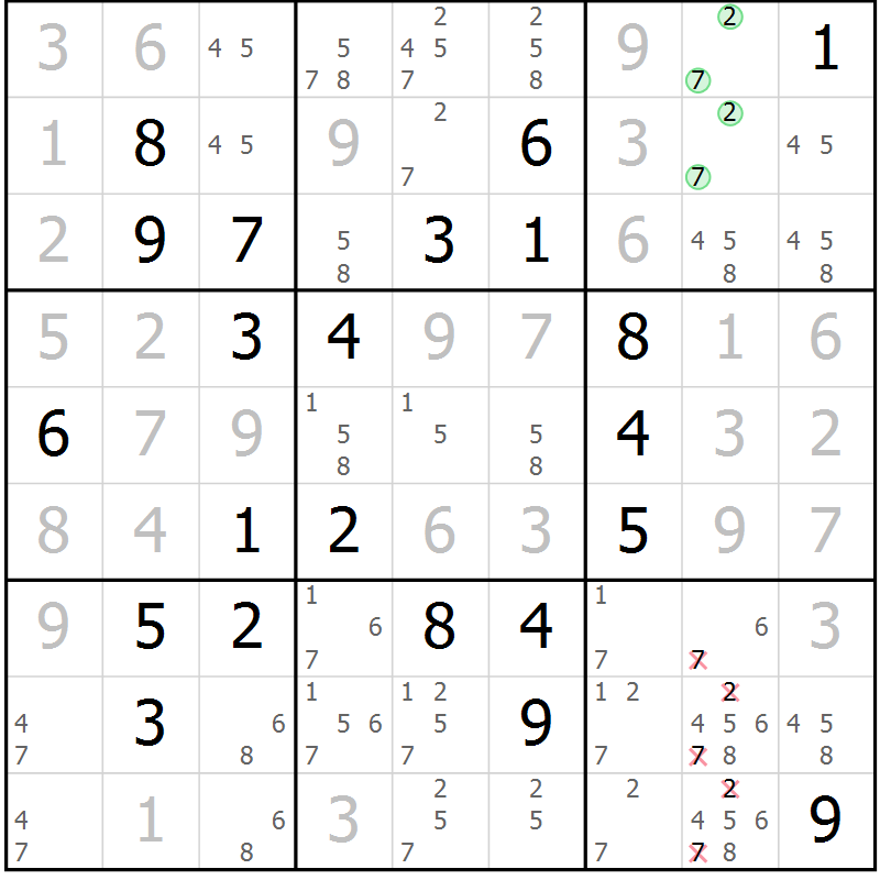 Position des candidats pour la solution de la Gr 95 page 98 du magazine de sudoku Giga sudoku niv 6-8 n° 016