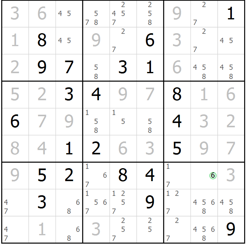 Position des candidats pour la solution de la Gr 95 page 98 du magazine de sudoku Giga sudoku niv 6-8 n° 016