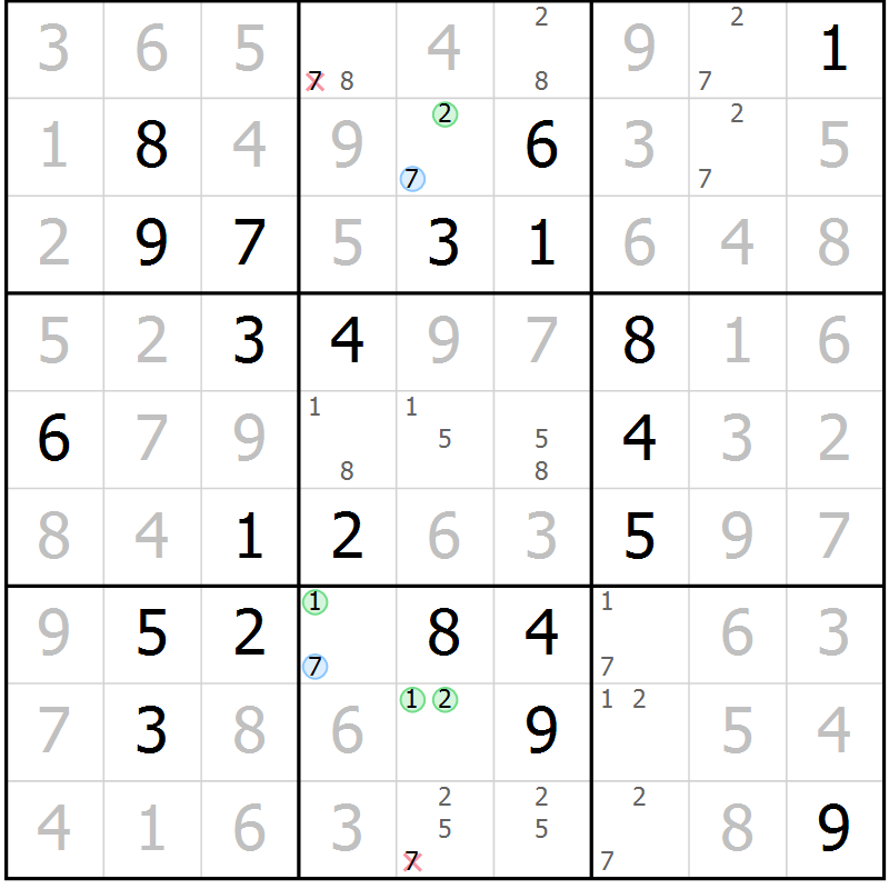 Position des candidats pour la solution de la Gr 95 page 98 du magazine de sudoku Giga sudoku niv 6-8 n° 016