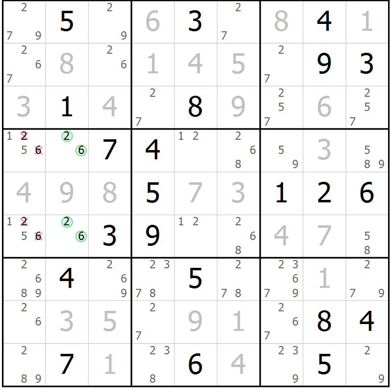 Position des candidats pour la solution de la Gr 96 page 99 du magazine de sudoku Giga sudoku niv 6-8 n° 016