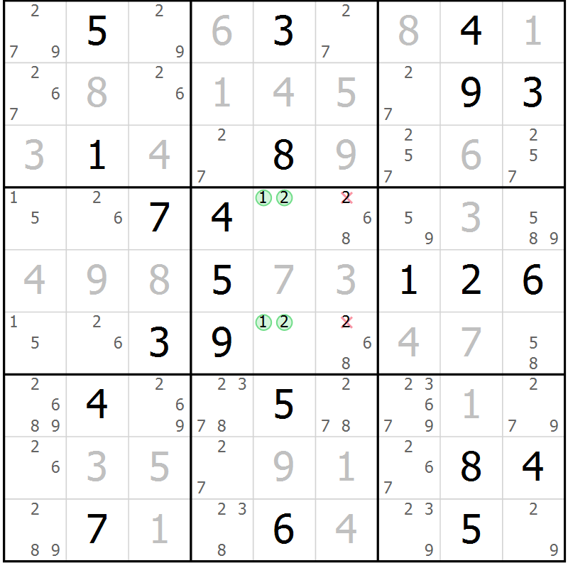 Position des candidats pour la solution de la Gr 96 page 99 du magazine de sudoku Giga sudoku niv 6-8 n° 016