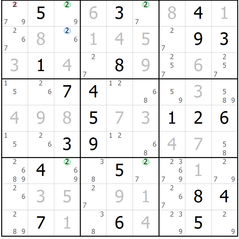 Position des candidats pour la solution de la Gr 96 page 99 du magazine de sudoku Giga sudoku niv 6-8 n° 016