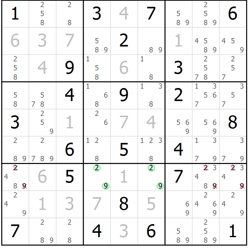Position des candidats pour la solution de la Gr 97 page 100 du magazine de sudoku Giga sudoku niv 6-8 n° 016