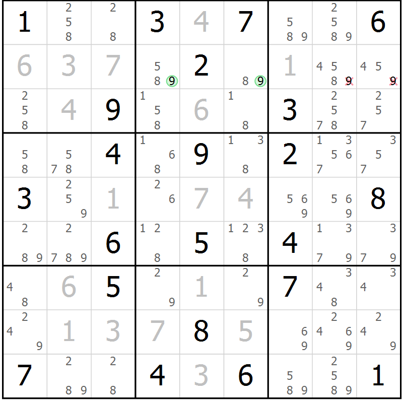 Position des candidats pour la solution de la Gr 97 page 100 du magazine de sudoku Giga sudoku niv 6-8 n° 016