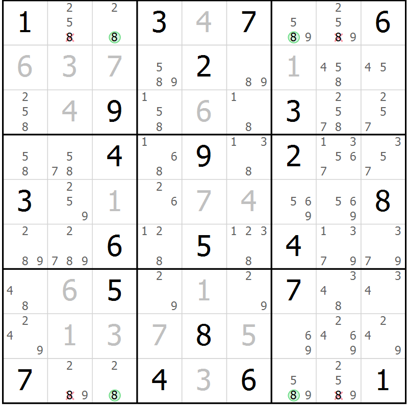 Position des candidats pour la solution de la Gr 97 page 100 du magazine de sudoku Giga sudoku niv 6-8 n° 016
