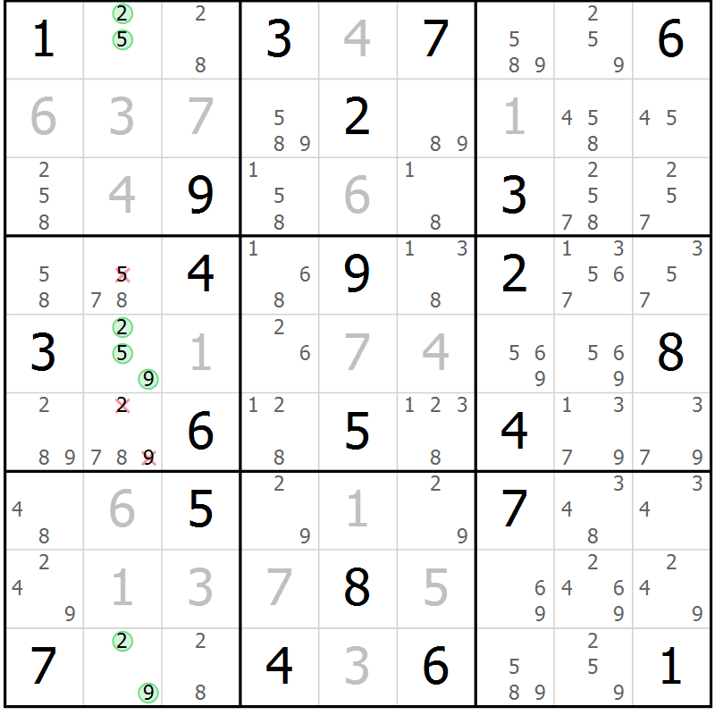 Position des candidats pour la solution de la Gr 97 page 100 du magazine de sudoku Giga sudoku niv 6-8 n° 016