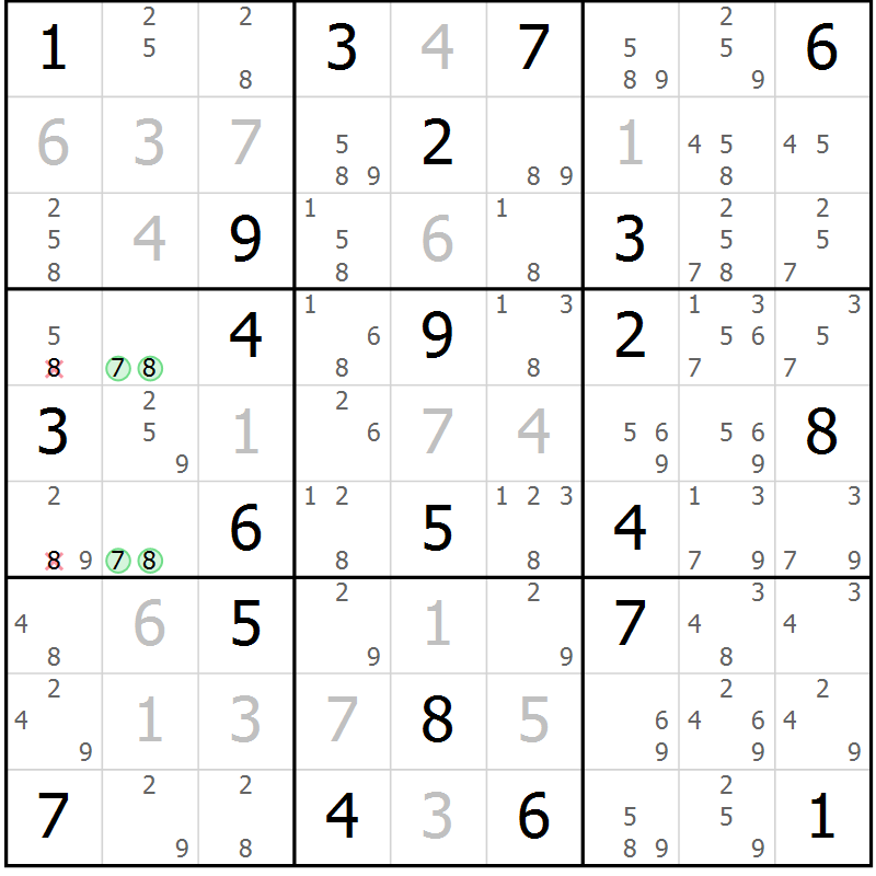Position des candidats pour la solution de la Gr 97 page 100 du magazine de sudoku Giga sudoku niv 6-8 n° 016