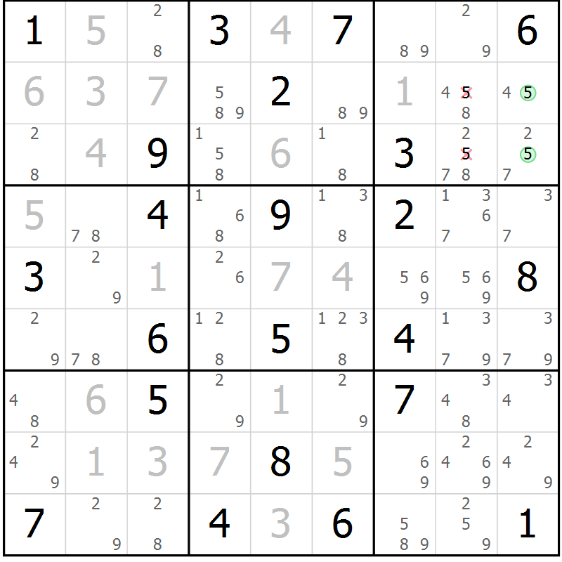 Position des candidats pour la solution de la Gr 97 page 100 du magazine de sudoku Giga sudoku niv 6-8 n° 016