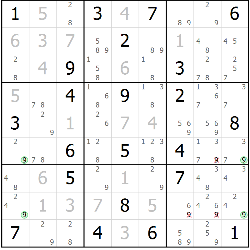 Position des candidats pour la solution de la Gr 97 page 100 du magazine de sudoku Giga sudoku niv 6-8 n° 016