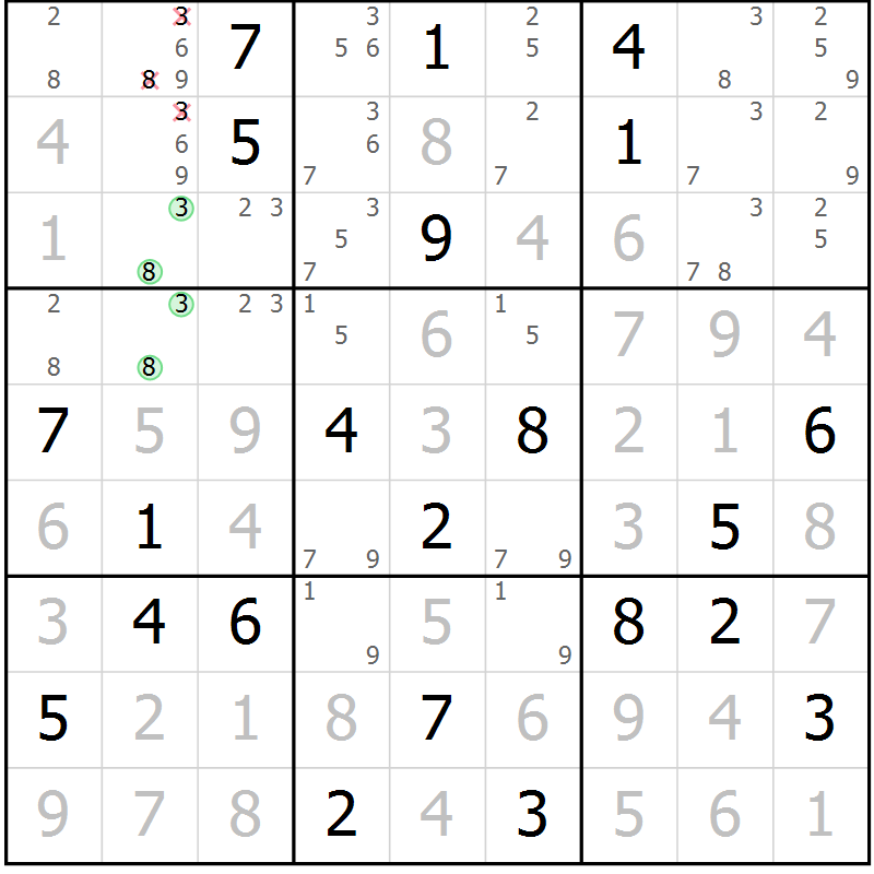 Position des candidats pour la solution de la Gr 98 page 101 du magazine de sudoku Giga sudoku niv 6-8 n° 016