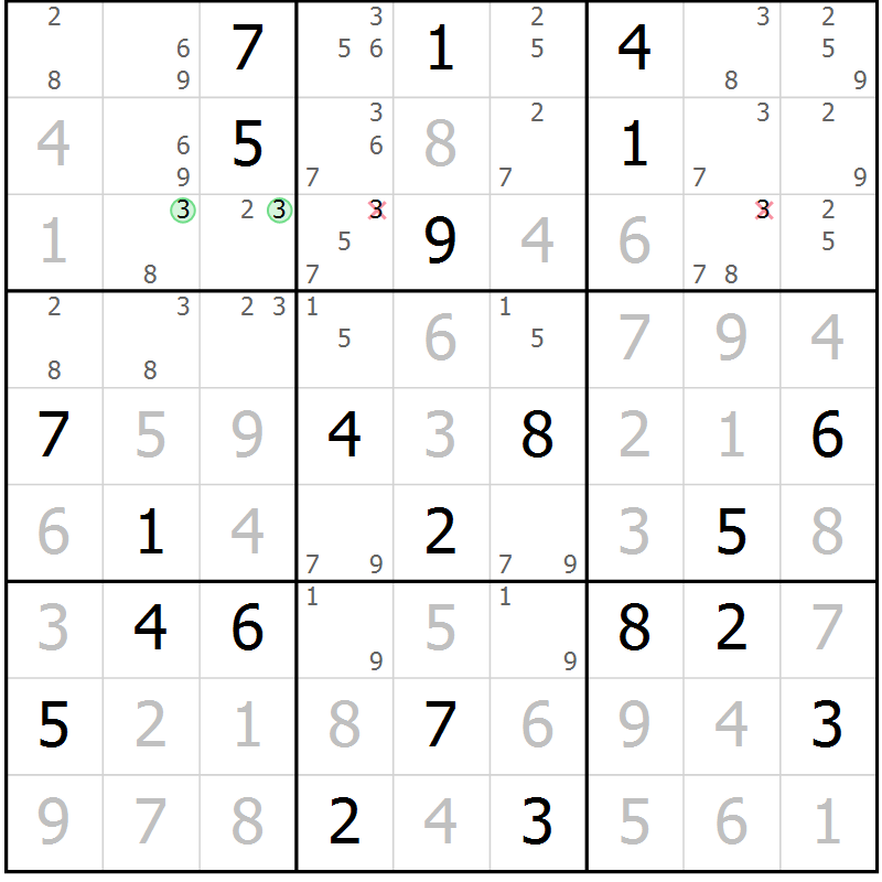 Position des candidats pour la solution de la Gr 98 page 101 du magazine de sudoku Giga sudoku niv 6-8 n° 016