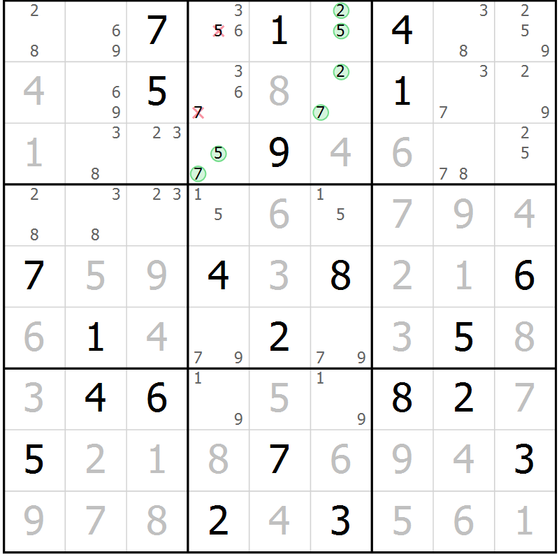 Position des candidats pour la solution de la Gr 98 page 101 du magazine de sudoku Giga sudoku niv 6-8 n° 016