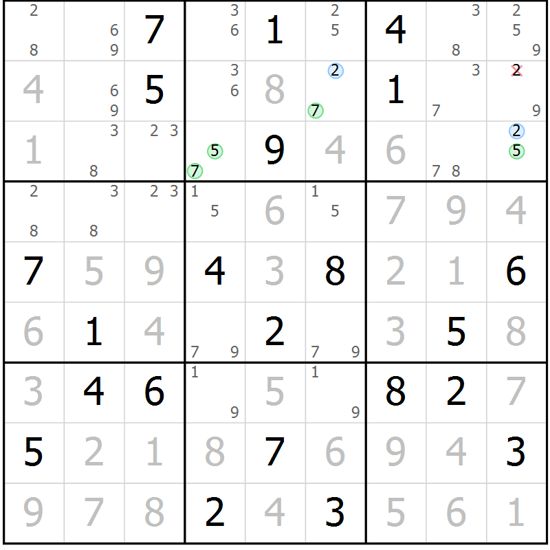 Position des candidats pour la solution de la Gr 98 page 101 du magazine de sudoku Giga sudoku niv 6-8 n° 016