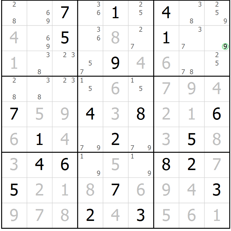 Position des candidats pour la solution de la Gr 98 page 101 du magazine de sudoku Giga sudoku niv 6-8 n° 016