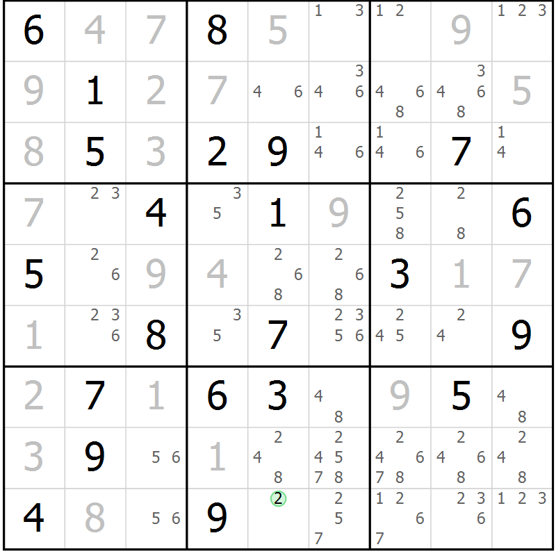 Position des candidats pour la solution de la Gr 99 page 102 du magazine de sudoku Giga sudoku niv 6-8 n° 016