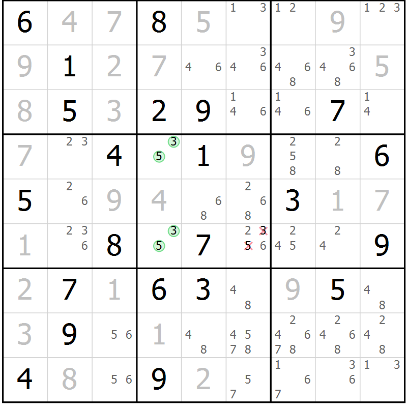 Position des candidats pour la solution de la Gr 99 page 102 du magazine de sudoku Giga sudoku niv 6-8 n° 016