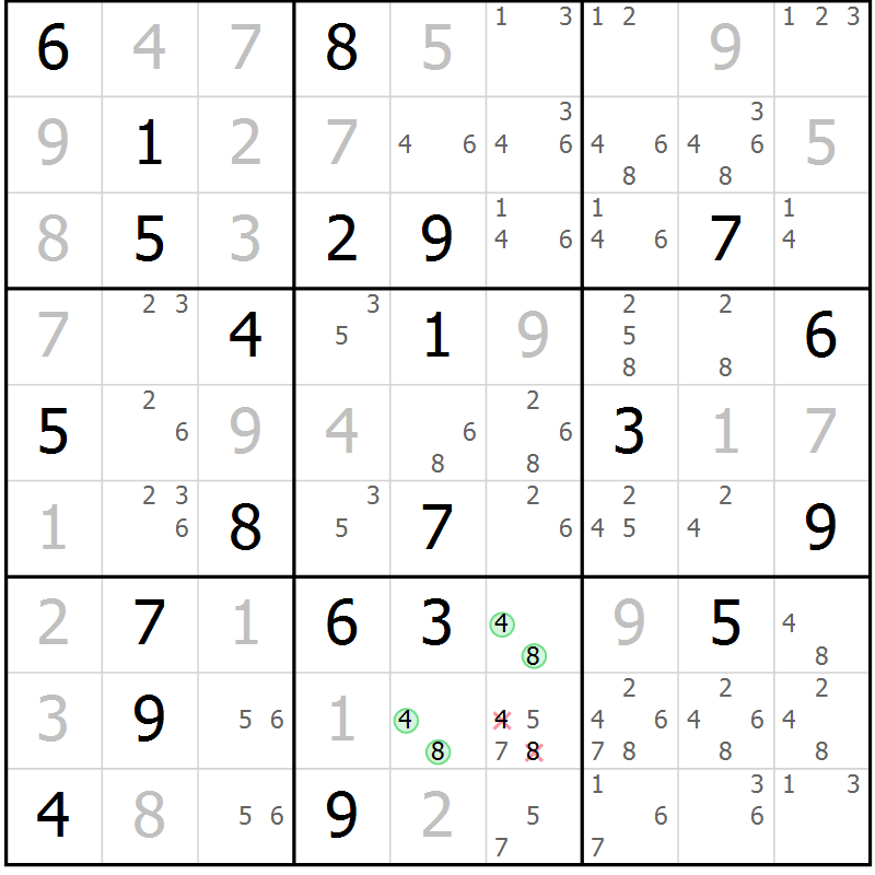 Position des candidats pour la solution de la Gr 99 page 102 du magazine de sudoku Giga sudoku niv 6-8 n° 016