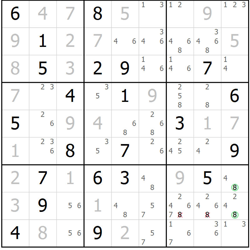 Position des candidats pour la solution de la Gr 99 page 102 du magazine de sudoku Giga sudoku niv 6-8 n° 016
