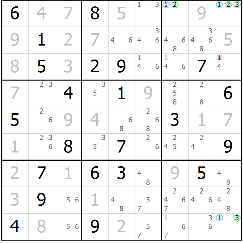 Position des candidats pour la solution de la Gr 99 page 102 du magazine de sudoku Giga sudoku niv 6-8 n° 016