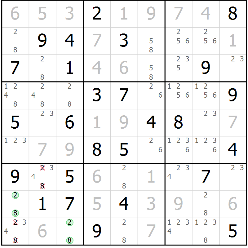 Position des candidats pour la solution de la Gr 1 page 4 du magazine de sudoku Giga sudoku niv 6-8 n° 024