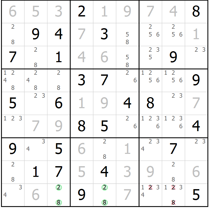 Position des candidats pour la solution de la Gr 1 page 4 du magazine de sudoku Giga sudoku niv 6-8 n° 024