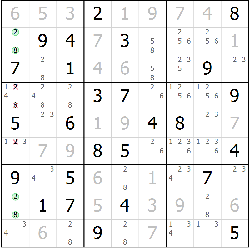 Position des candidats pour la solution de la Gr 1 page 4 du magazine de sudoku Giga sudoku niv 6-8 n° 024