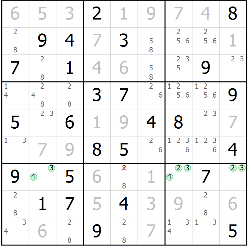 Position des candidats pour la solution de la Gr 1 page 4 du magazine de sudoku Giga sudoku niv 6-8 n° 024