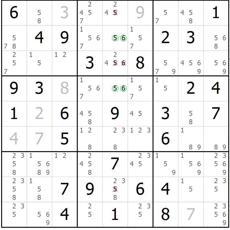 Position des candidats pour la solution de la Gr 10 page 13 du magazine de sudoku Giga sudoku niv 6-8 n° 024