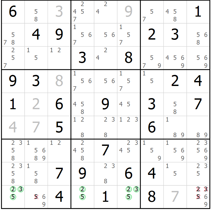 Position des candidats pour la solution de la Gr 10 page 13 du magazine de sudoku Giga sudoku niv 6-8 n° 024