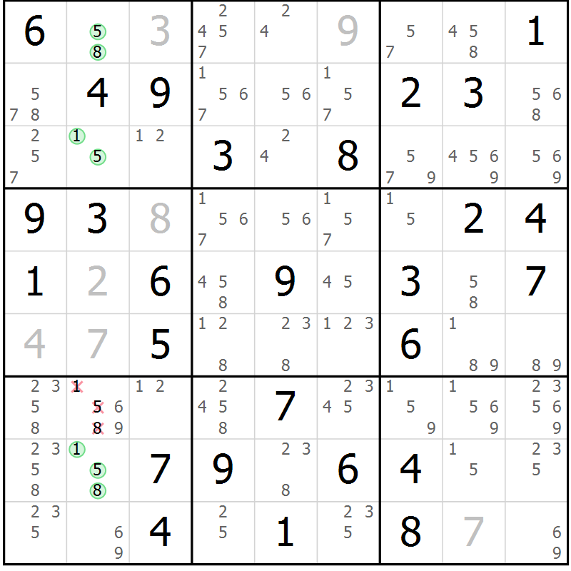 Position des candidats pour la solution de la Gr 10 page 13 du magazine de sudoku Giga sudoku niv 6-8 n° 024