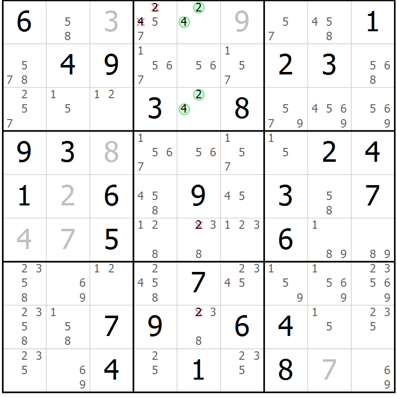 Position des candidats pour la solution de la Gr 10 page 13 du magazine de sudoku Giga sudoku niv 6-8 n° 024