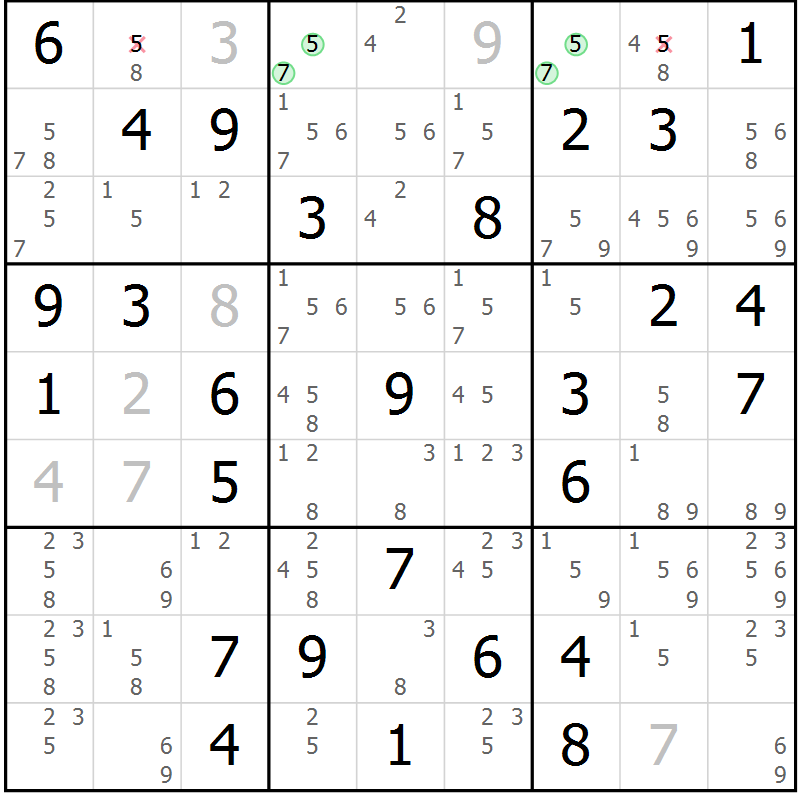 Position des candidats pour la solution de la Gr 10 page 13 du magazine de sudoku Giga sudoku niv 6-8 n° 024