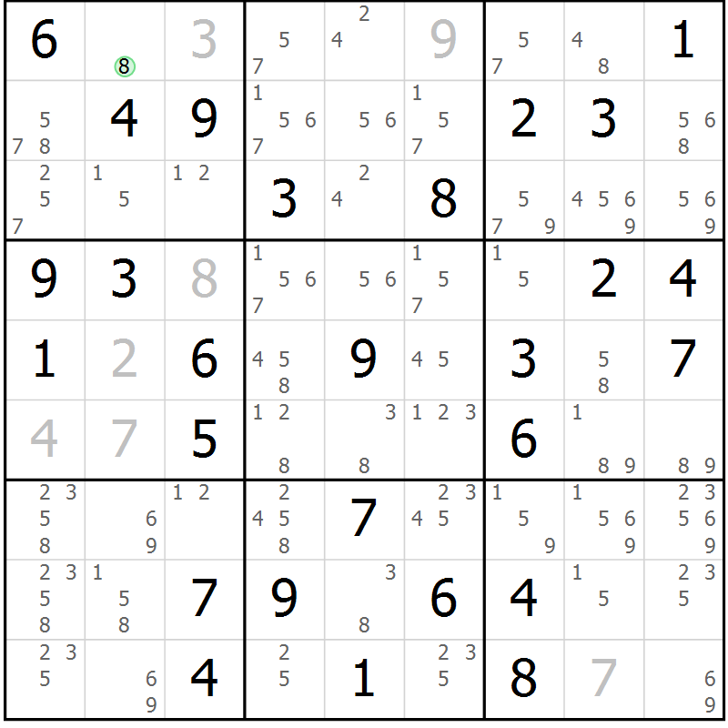 Position des candidats pour la solution de la Gr 10 page 13 du magazine de sudoku Giga sudoku niv 6-8 n° 024